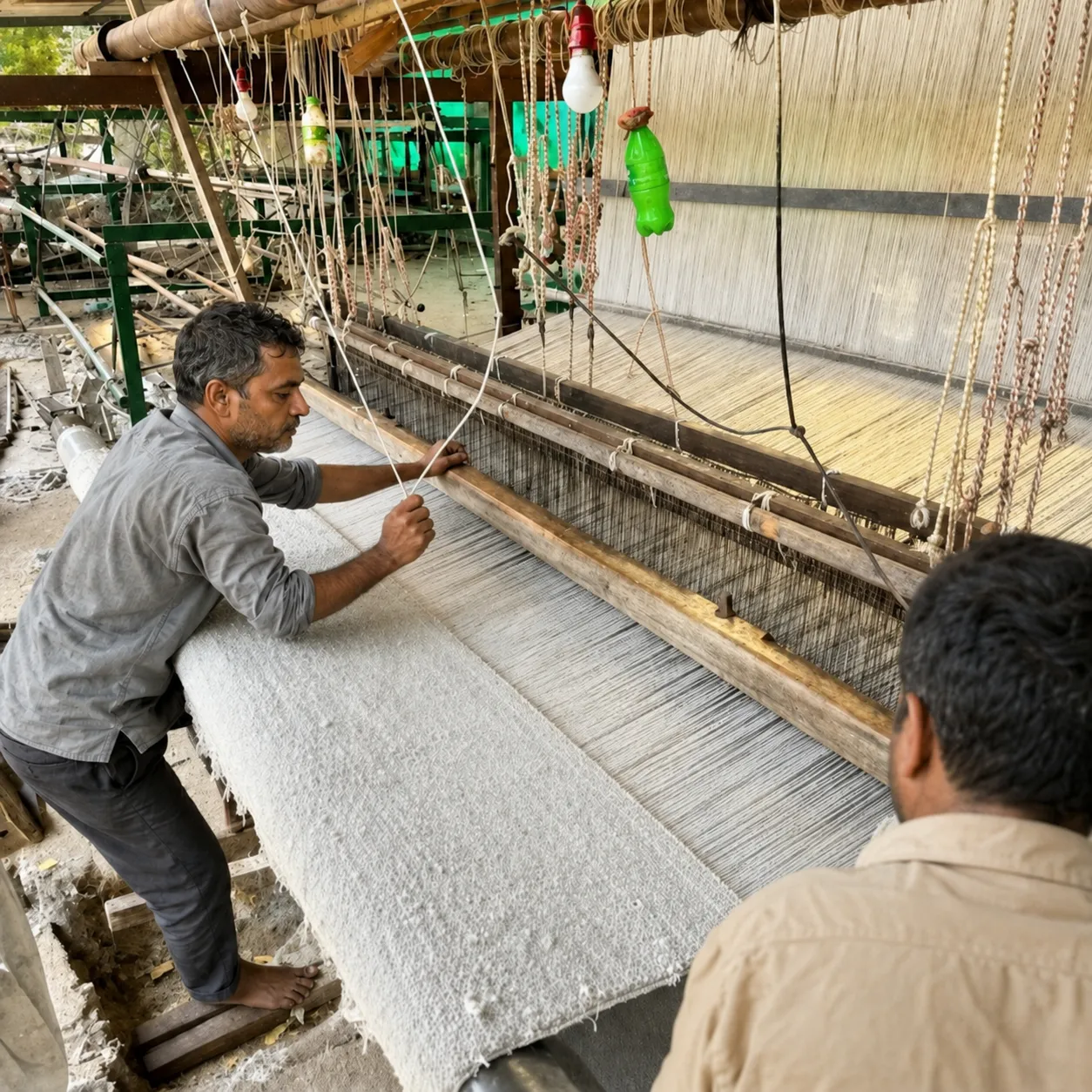 Artisan working at a rug loom in Bhadohi