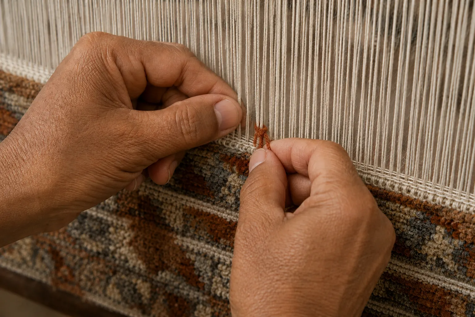 Close view of hand-knotted rug construction